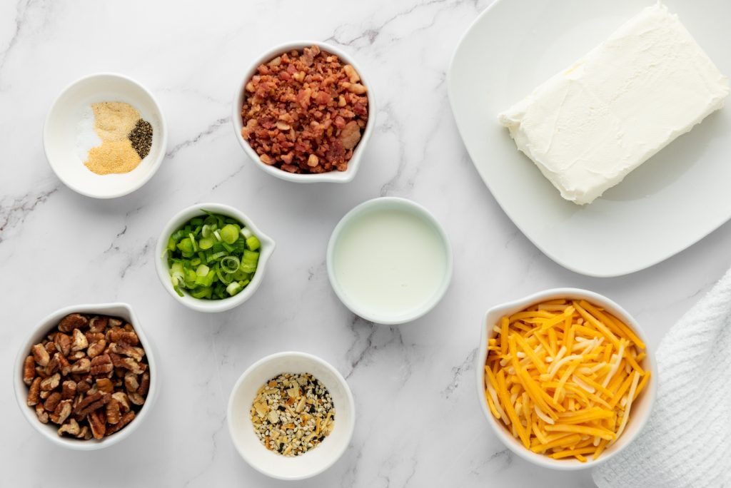 ingredients for a cheeseball in bowls