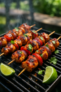 A mouthwatering close-up of grilled chicken skewers glistening with smoky, honey-lime marinade—charred edges, vibrant veggies, and citrus wedges capture the flavor and heat of summer.