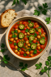 Vegan okra and chickpea gumbo in rustic ceramic bowl, garnished with fresh herbs