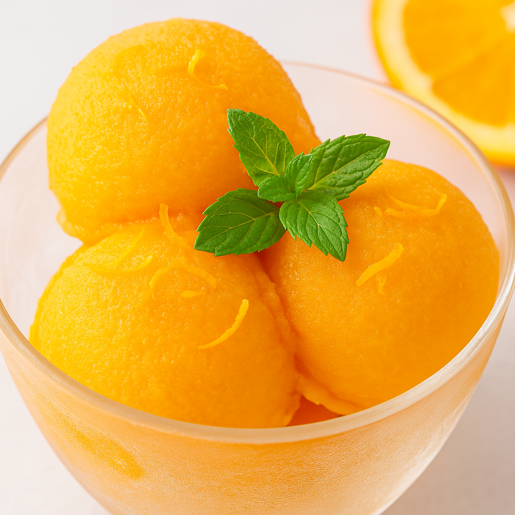 “Bright orange sorbet scoops garnished with fresh mint and orange zest in a clear glass bowl, with a sliced orange in the background.”