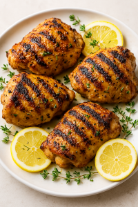<img src="your-image-url.jpg" alt="Charred lemon rosemary chicken thighs on a grill platter, crispy skin glistening, garnished with fresh thyme sprigs and lemon rounds under golden afternoon light">

