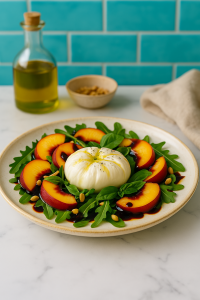 alt="Peach Burrata Salad with heirloom tomatoes, fresh basil, and balsamic glaze on a ceramic platter" 