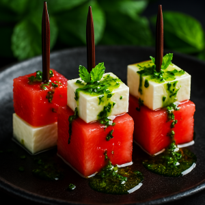 alt="Watermelon and feta skewers with mint-lime drizzle on a dark platter" 